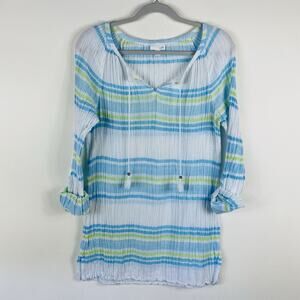 J. Jill Top Medium Striped Crinkle Gauze Cotton White Blue Green Beachy Casual